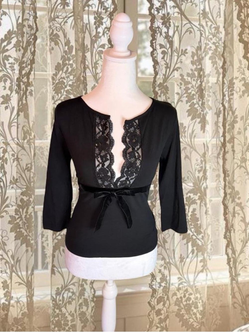 Vintage Y2K Deadstock Black Fairycore Whimsygoth Lacey Empire Waist Ribbon Top
